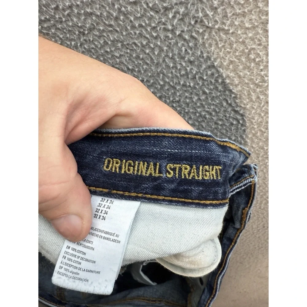American Eagle Jeans Mens 32x34 Blue Original Straight Distressed Denim Preppy *